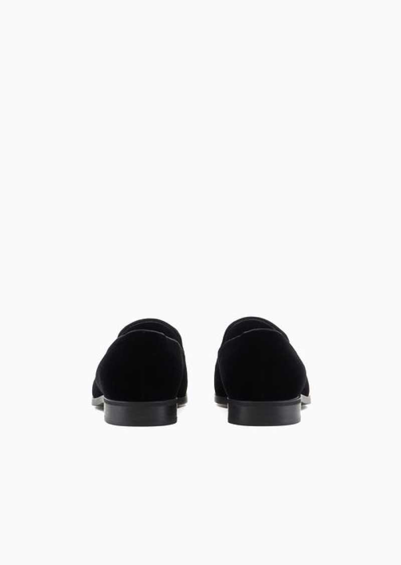 Black Emporio Armani Soho Capsule Collection Velvet Slip-on Loafers With Embroidery | EA-SN58859