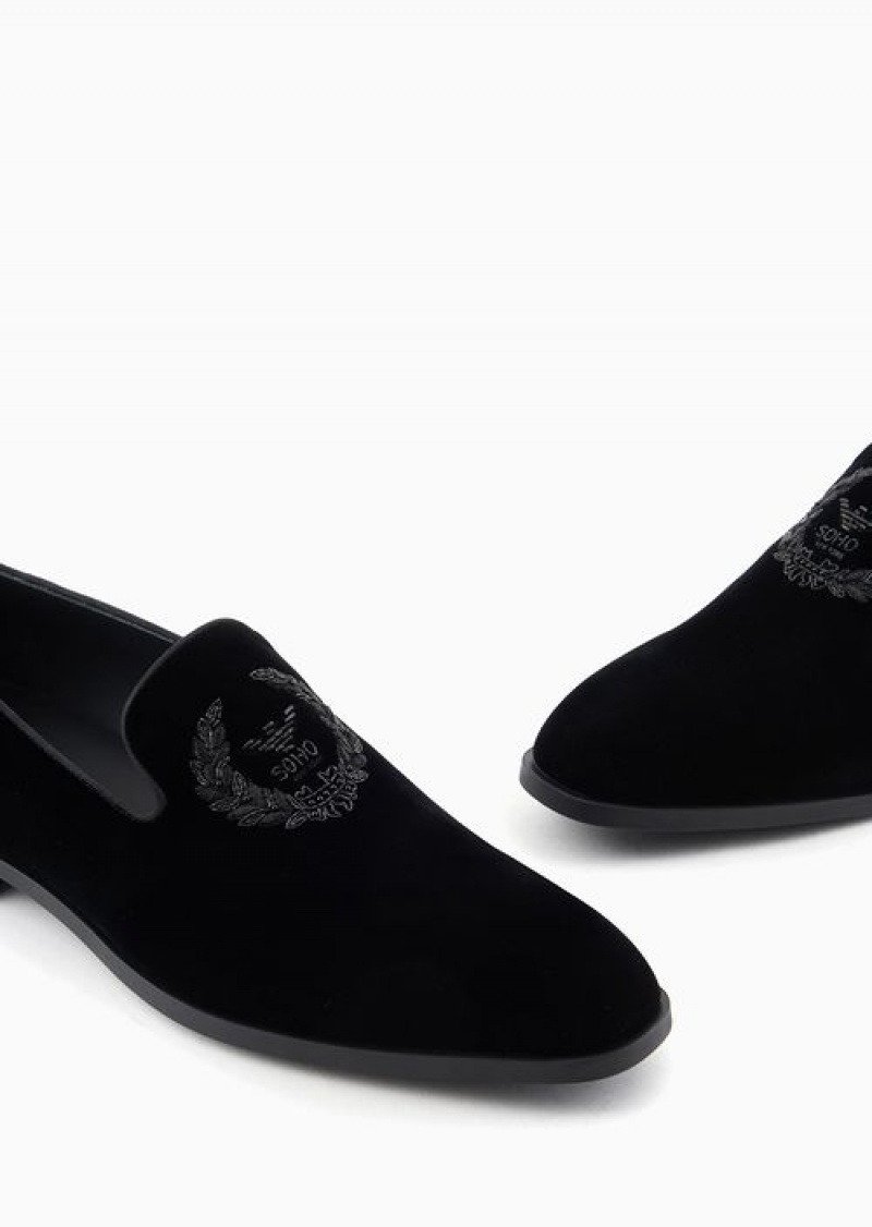 Black Emporio Armani Soho Capsule Collection Velvet Slip-on Loafers With Embroidery | EA-SN58859