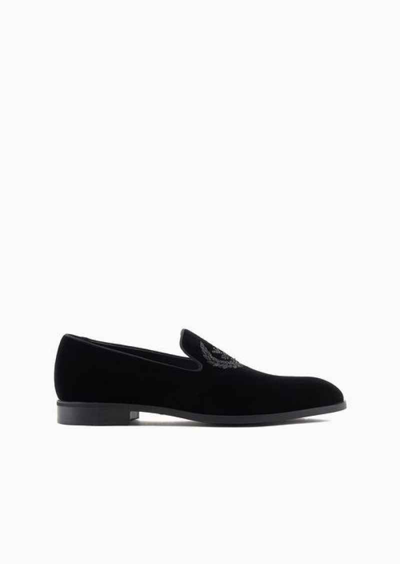 Black Emporio Armani Soho Capsule Collection Velvet Slip-on Loafers With Embroidery | EA-SN58859