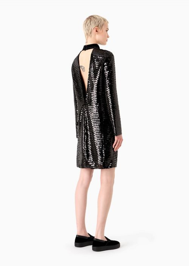 Black Emporio Armani Soho Capsule Collection Mock-neck Open-back Dress With Allover Sequins | EA-SN56487