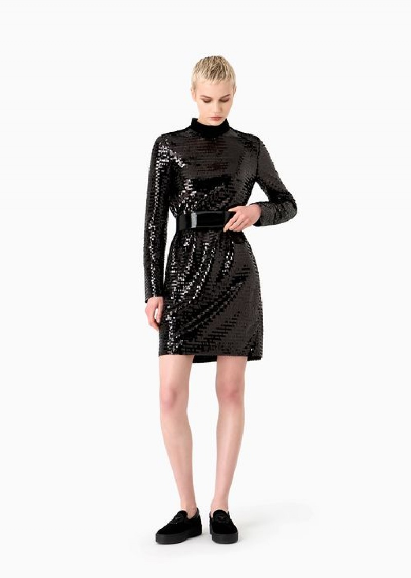 Black Emporio Armani Soho Capsule Collection Mock-neck Open-back Dress With Allover Sequins | EA-SN56487