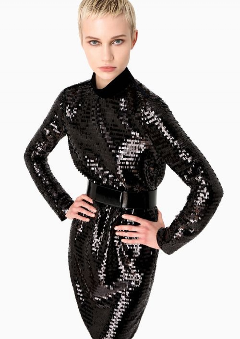 Black Emporio Armani Soho Capsule Collection Mock-neck Open-back Dress With Allover Sequins | EA-SN56487