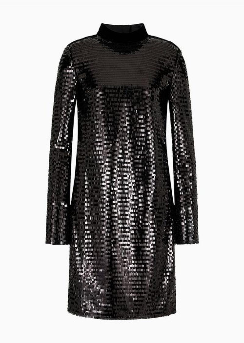 Black Emporio Armani Soho Capsule Collection Mock-neck Open-back Dress With Allover Sequins | EA-SN56487