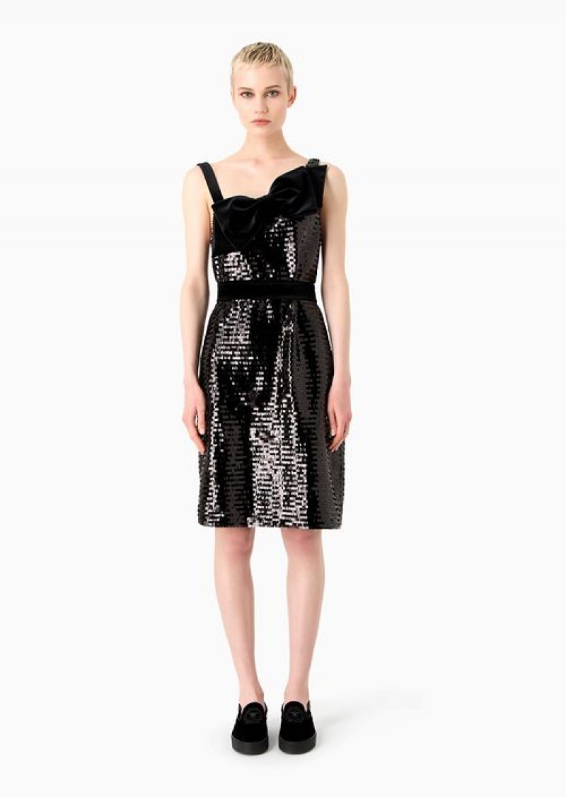 Black Emporio Armani Soho Capsule Collection Sheath Dress In Allover Sequins And Maxi Velvet Bow | EA-SN56488