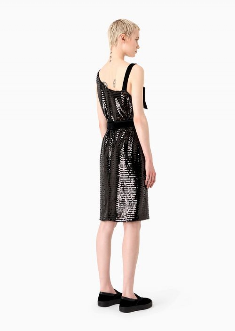 Black Emporio Armani Soho Capsule Collection Sheath Dress In Allover Sequins And Maxi Velvet Bow | EA-SN56488