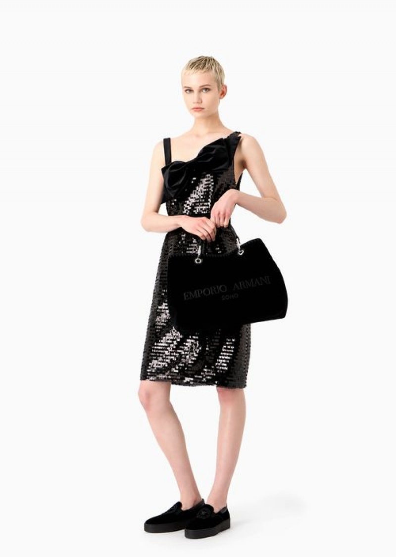 Black Emporio Armani Soho Capsule Collection Sheath Dress In Allover Sequins And Maxi Velvet Bow | EA-SN56488