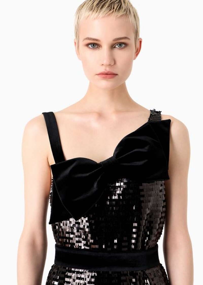 Black Emporio Armani Soho Capsule Collection Sheath Dress In Allover Sequins And Maxi Velvet Bow | EA-SN56488