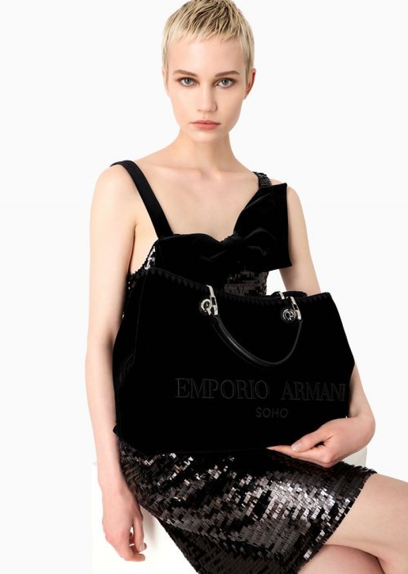 Black Emporio Armani Soho Capsule Collection Sheath Dress In Allover Sequins And Maxi Velvet Bow | EA-SN56488