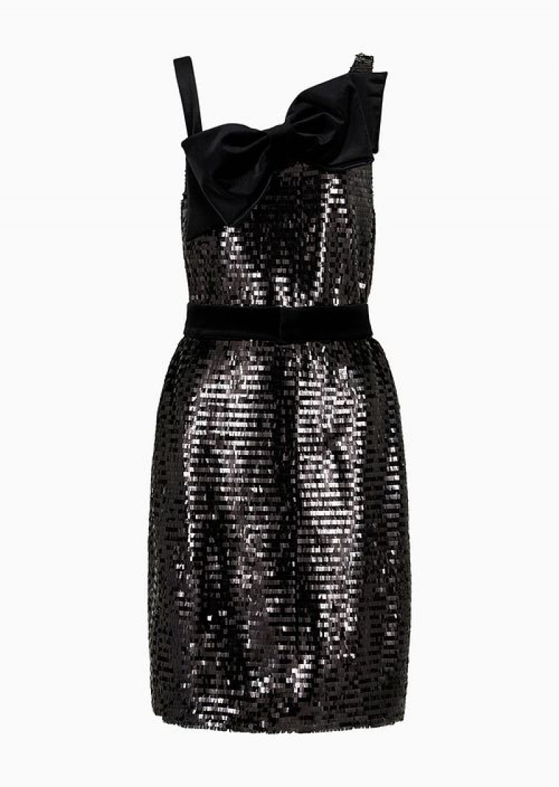 Black Emporio Armani Soho Capsule Collection Sheath Dress In Allover Sequins And Maxi Velvet Bow | EA-SN56488