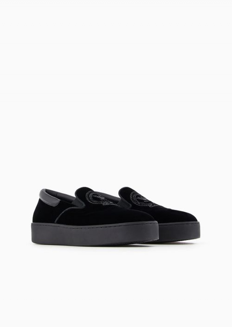 Black Emporio Armani Soho Capsule Collection Velvet Slip-ons With Embroidery | EA-SN57225