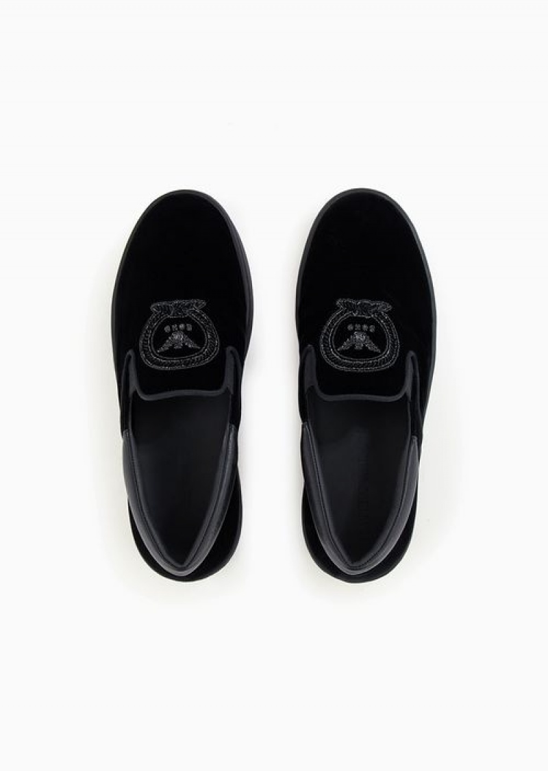 Black Emporio Armani Soho Capsule Collection Velvet Slip-ons With Embroidery | EA-SN57225