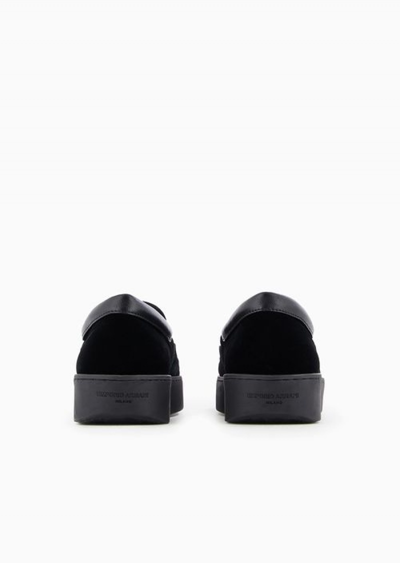 Black Emporio Armani Soho Capsule Collection Velvet Slip-ons With Embroidery | EA-SN57225