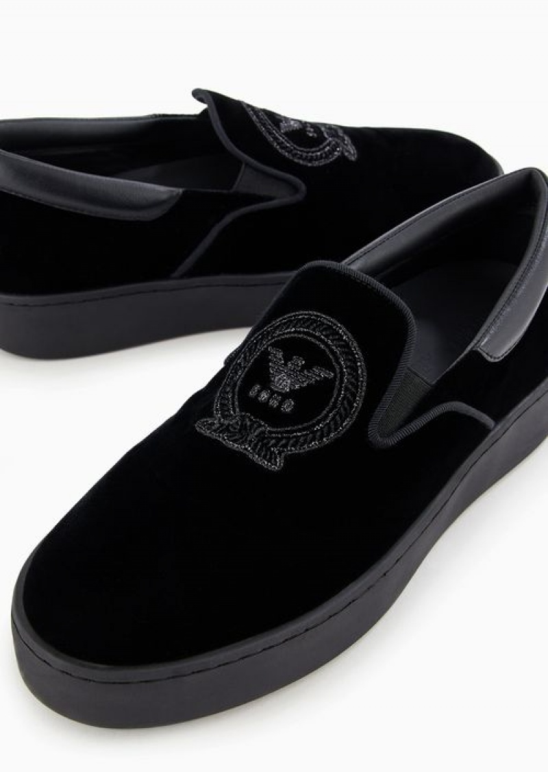 Black Emporio Armani Soho Capsule Collection Velvet Slip-ons With Embroidery | EA-SN57225