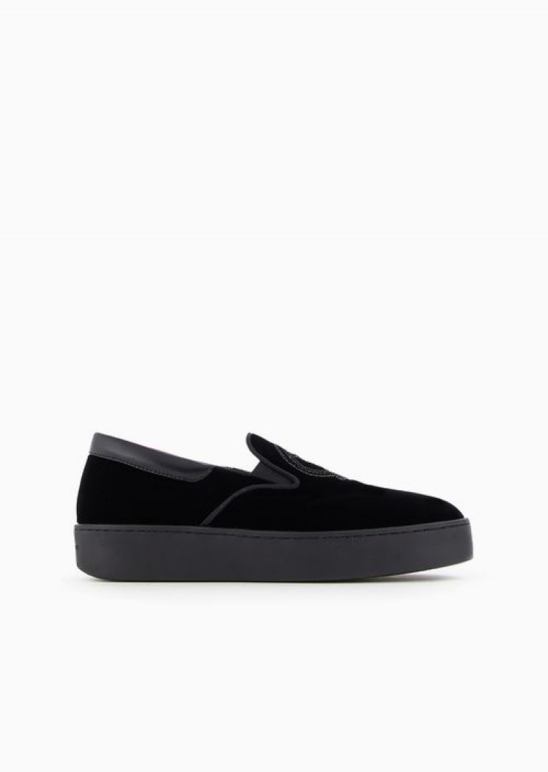 Black Emporio Armani Soho Capsule Collection Velvet Slip-ons With Embroidery | EA-SN57225