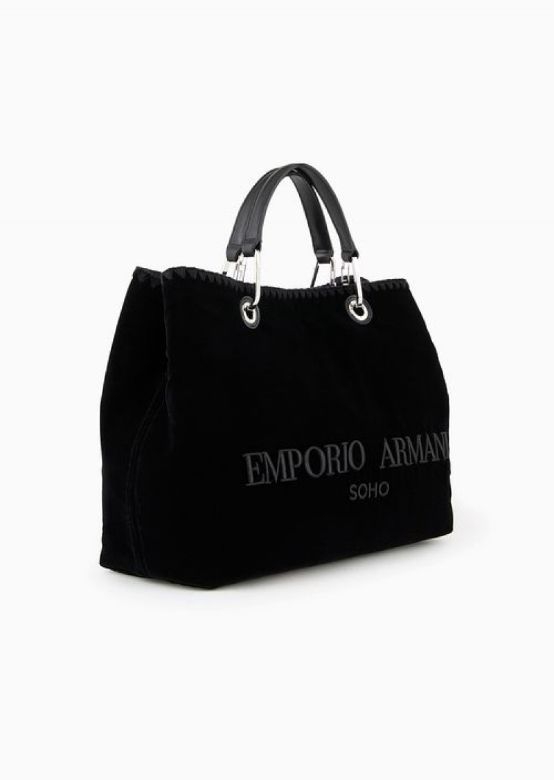 Black Emporio Armani Soho Capsule Collection Myea Medium Velvet Shopper Bag With Embroidery | EA-SN57246