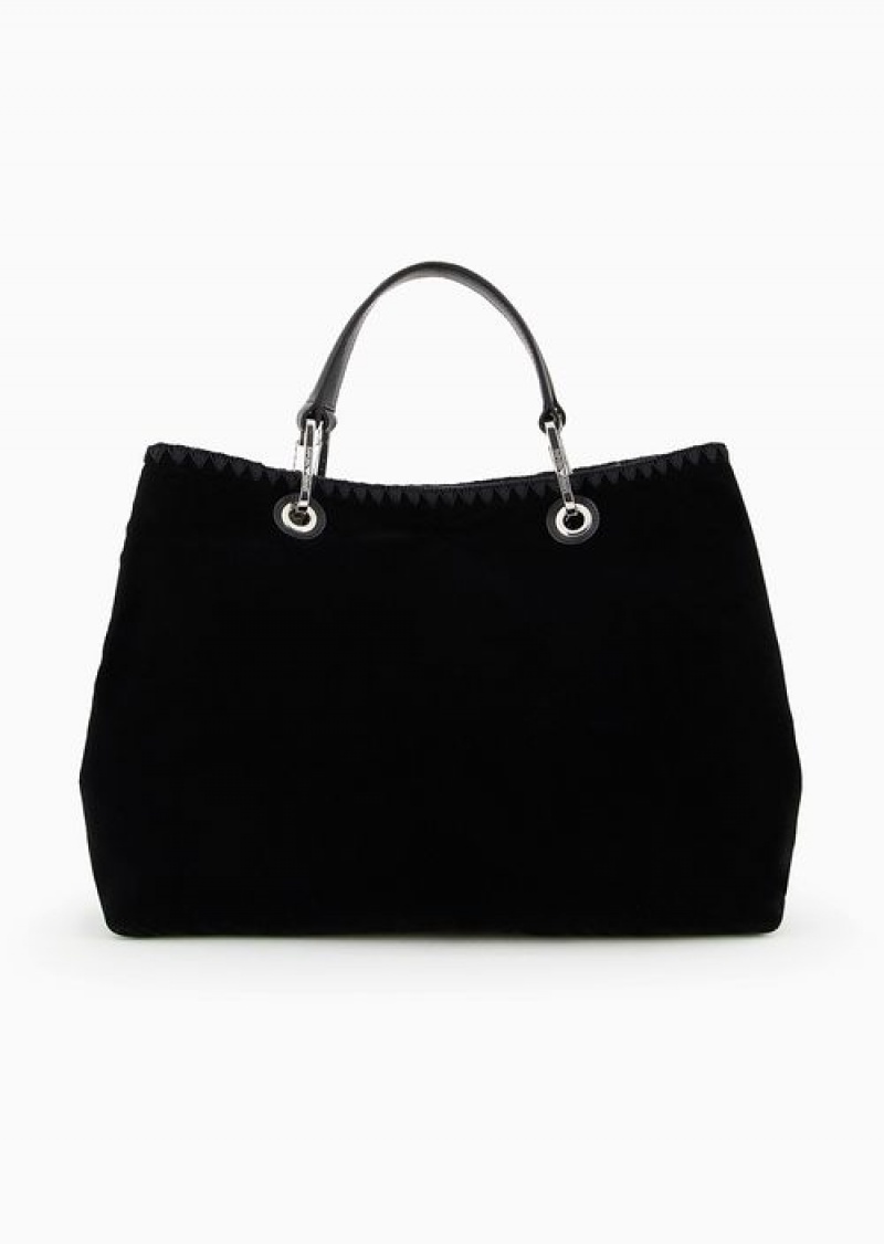 Black Emporio Armani Soho Capsule Collection Myea Medium Velvet Shopper Bag With Embroidery | EA-SN57246