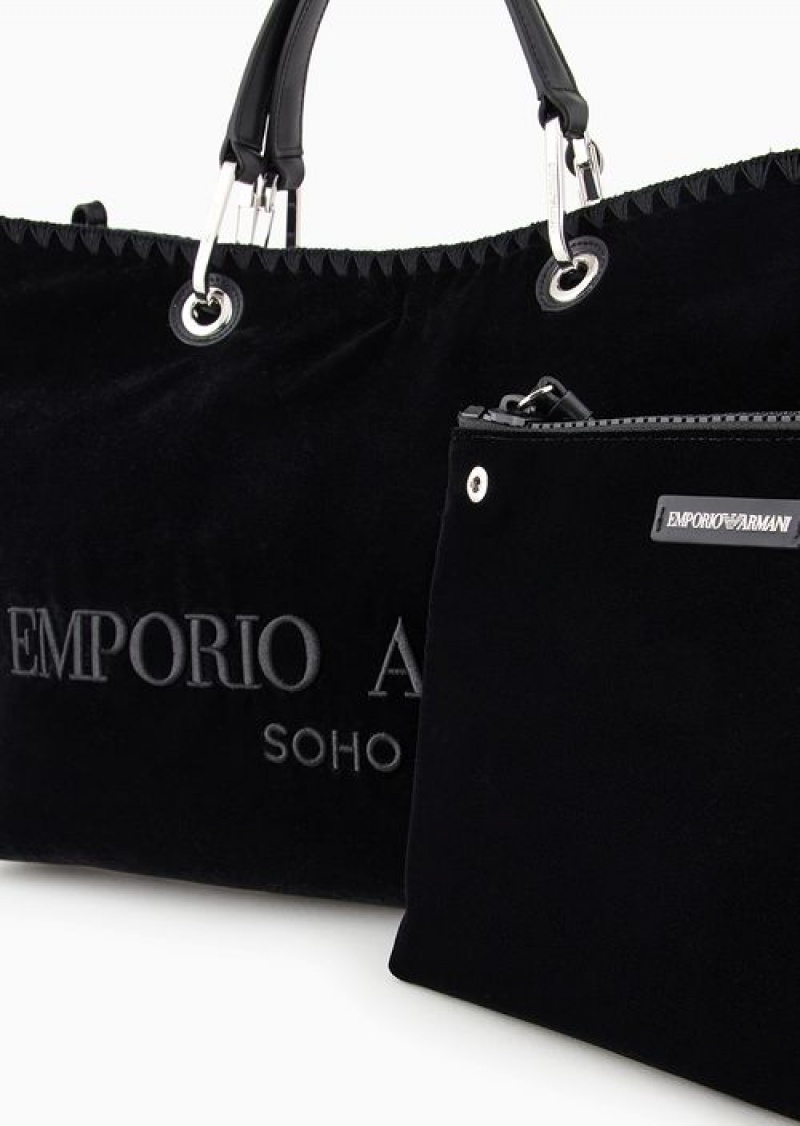 Black Emporio Armani Soho Capsule Collection Myea Medium Velvet Shopper Bag With Embroidery | EA-SN57246