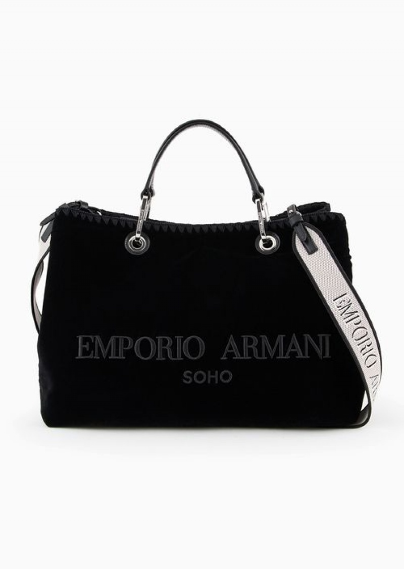 Black Emporio Armani Soho Capsule Collection Myea Medium Velvet Shopper Bag With Embroidery | EA-SN57246