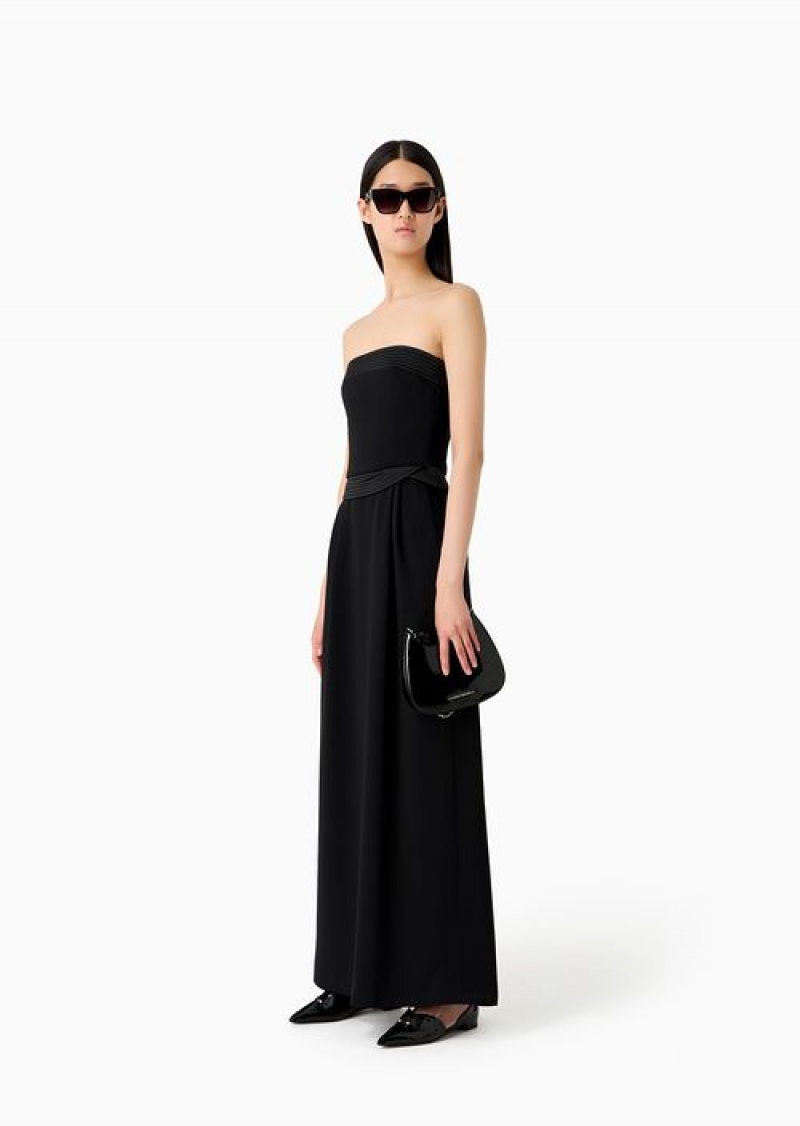 Black Emporio Armani Strapless Long Dress In Technical CrêPe With Quilted Details | EA-SN56549