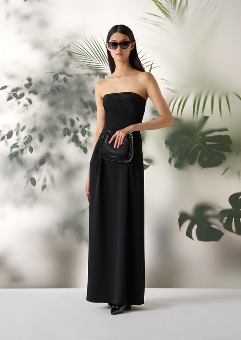 Black Emporio Armani Strapless Long Dress In Technical CrêPe With Quilted Details | EA-SN56549