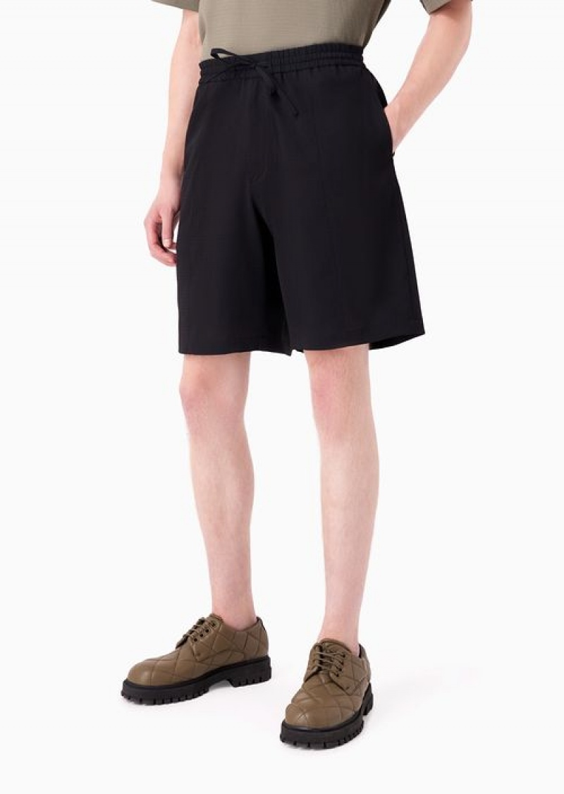 Black Emporio Armani Stretch Seersucker, Drawstring Board Shorts | EA-SN58301