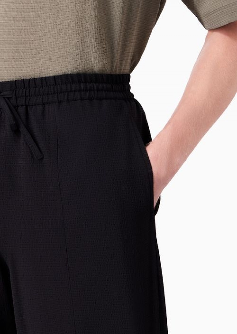 Black Emporio Armani Stretch Seersucker, Drawstring Board Shorts | EA-SN58301