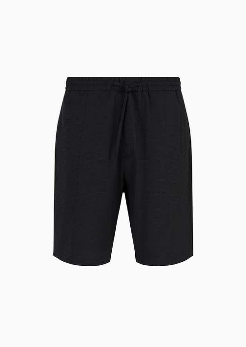 Black Emporio Armani Stretch Seersucker, Drawstring Board Shorts | EA-SN58301