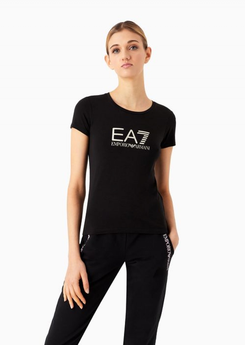 Black Emporio Armani Stretch-cotton Shiny T-shirt | EA7-SN59661