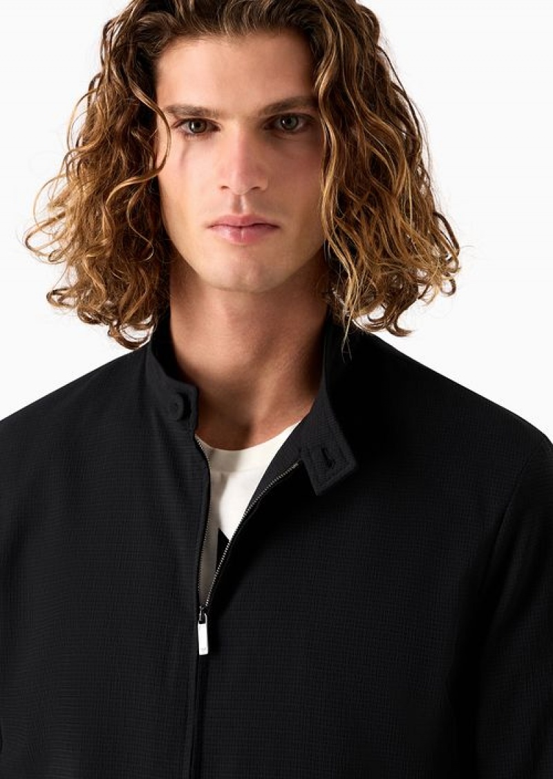 Black Emporio Armani Stretch-seersucker Zipped Blouson | EA-SN58193