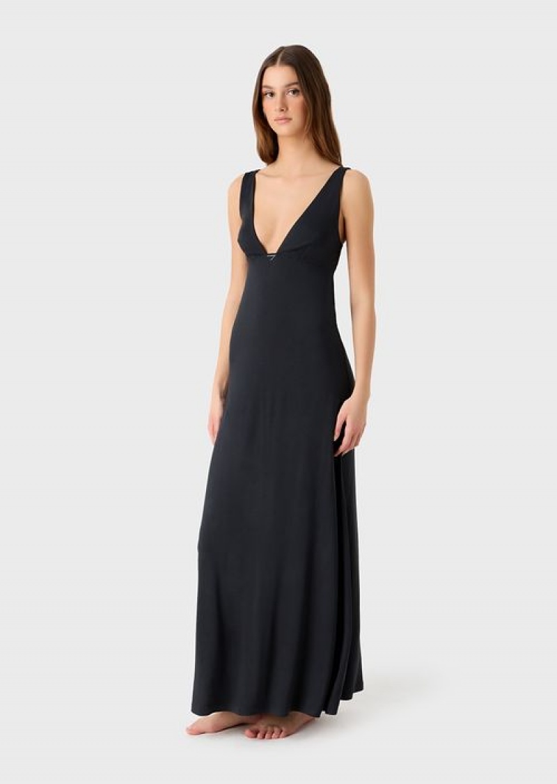 Black Emporio Armani Stretch-viscose V-neck Long Beach Dress | EA-SN57075