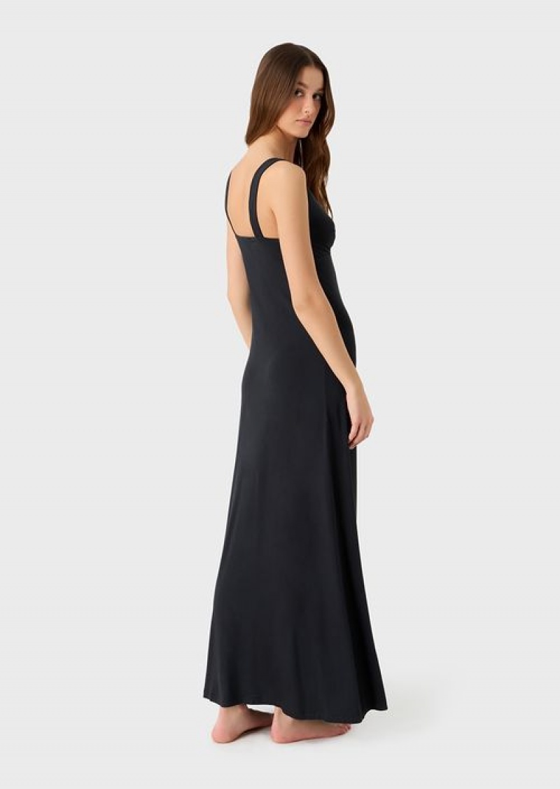 Black Emporio Armani Stretch-viscose V-neck Long Beach Dress | EA-SN57075