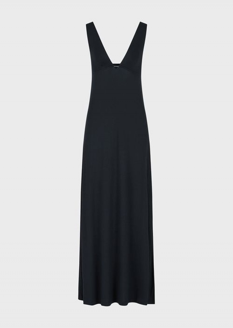 Black Emporio Armani Stretch-viscose V-neck Long Beach Dress | EA-SN57075