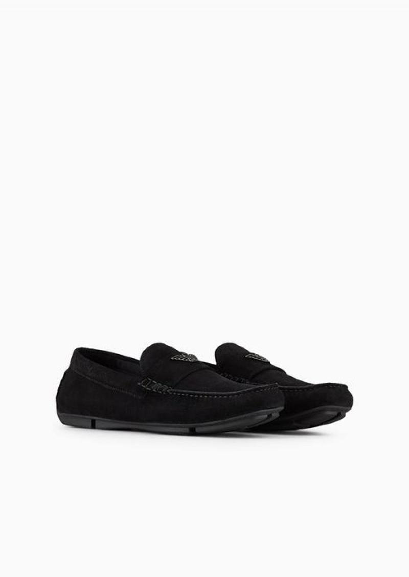 Black Emporio Armani Suede Driving Loafers With Logo | EA-SN58873