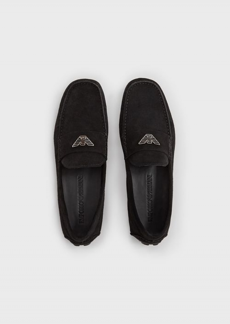 Black Emporio Armani Suede Driving Loafers With Logo | EA-SN58873