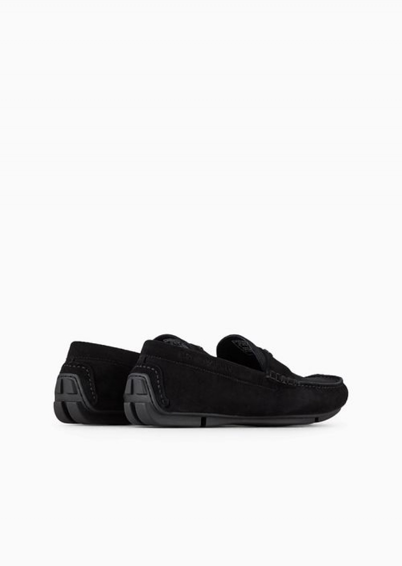 Black Emporio Armani Suede Driving Loafers With Logo | EA-SN58873