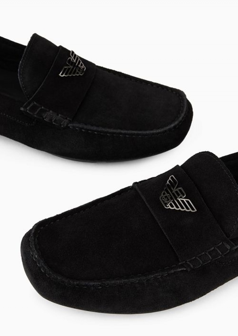 Black Emporio Armani Suede Driving Loafers With Logo | EA-SN58873