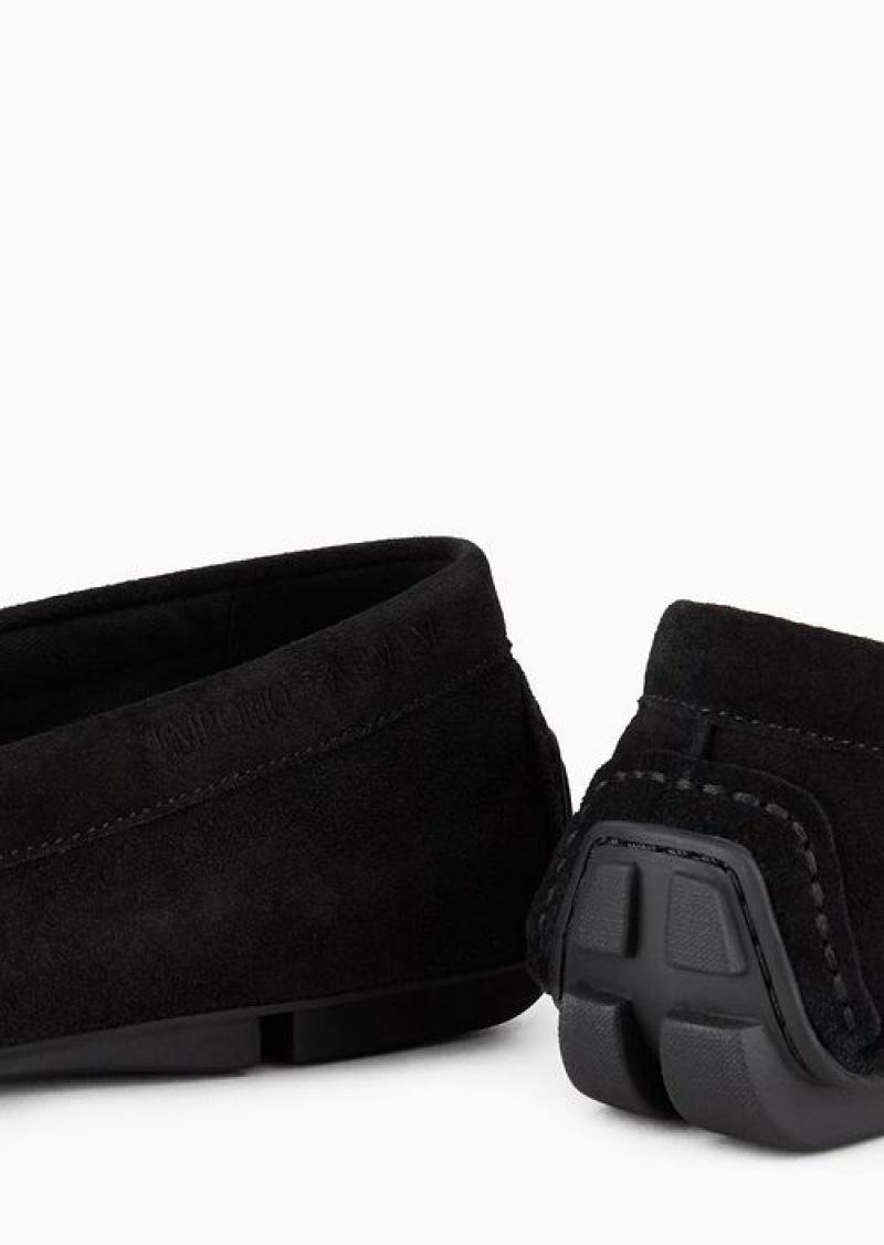 Black Emporio Armani Suede Driving Loafers With Logo | EA-SN58873