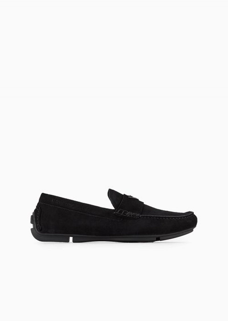 Black Emporio Armani Suede Driving Loafers With Logo | EA-SN58873