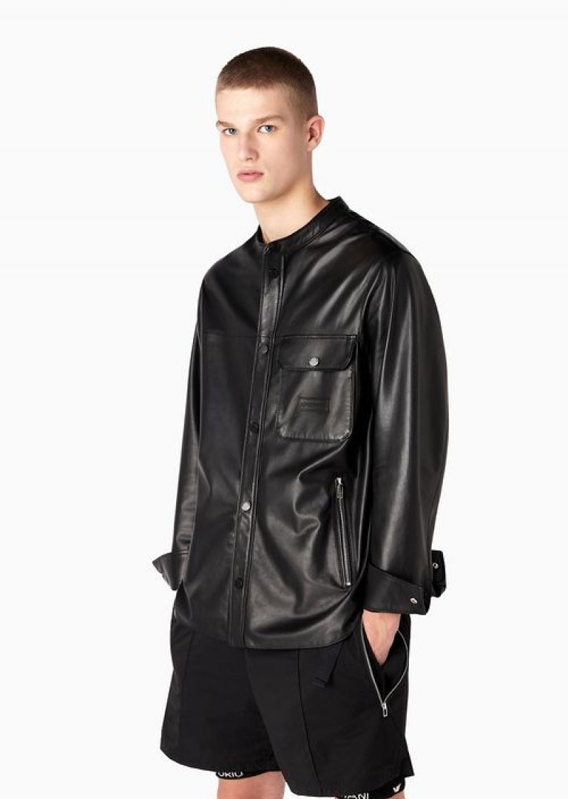 Black Emporio Armani Supple Lambskin Nappa Leather Shirt-jacket With Guru Collar And Pocket | EA-SN58162