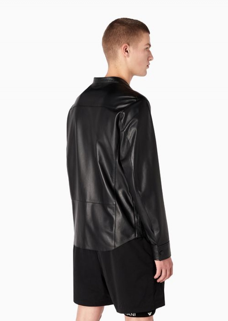 Black Emporio Armani Supple Lambskin Nappa Leather Shirt-jacket With Guru Collar And Pocket | EA-SN58162