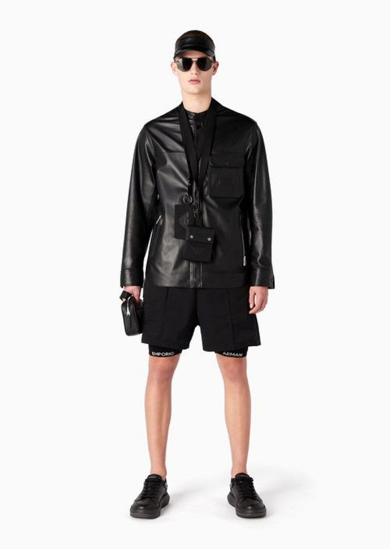 Black Emporio Armani Supple Lambskin Nappa Leather Shirt-jacket With Guru Collar And Pocket | EA-SN58162