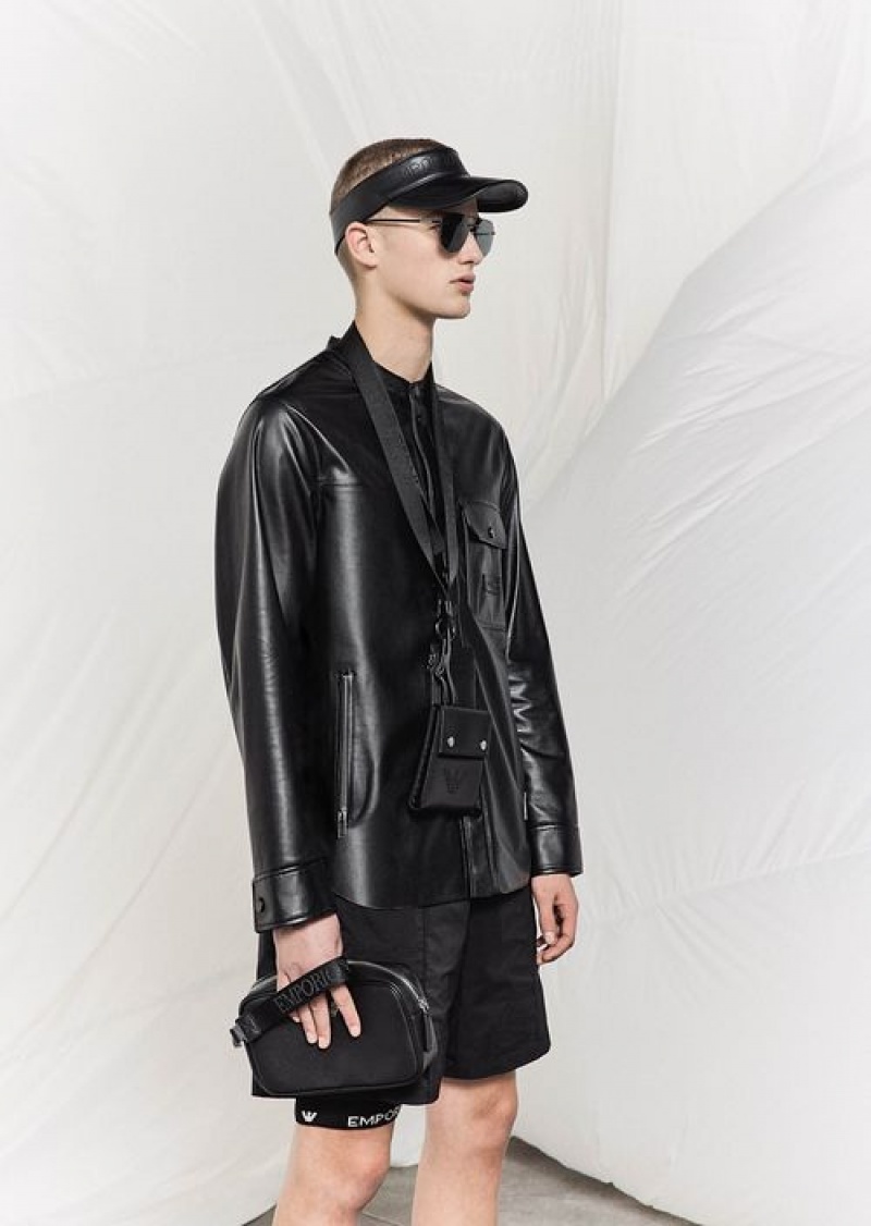 Black Emporio Armani Supple Lambskin Nappa Leather Shirt-jacket With Guru Collar And Pocket | EA-SN58162