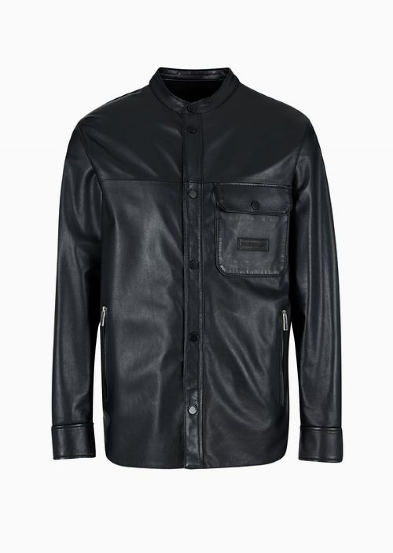 Black Emporio Armani Supple Lambskin Nappa Leather Shirt-jacket With Guru Collar And Pocket | EA-SN58162