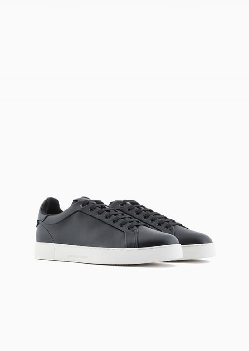 Black Emporio Armani Supple Leather Sneakers | EA-SN58981