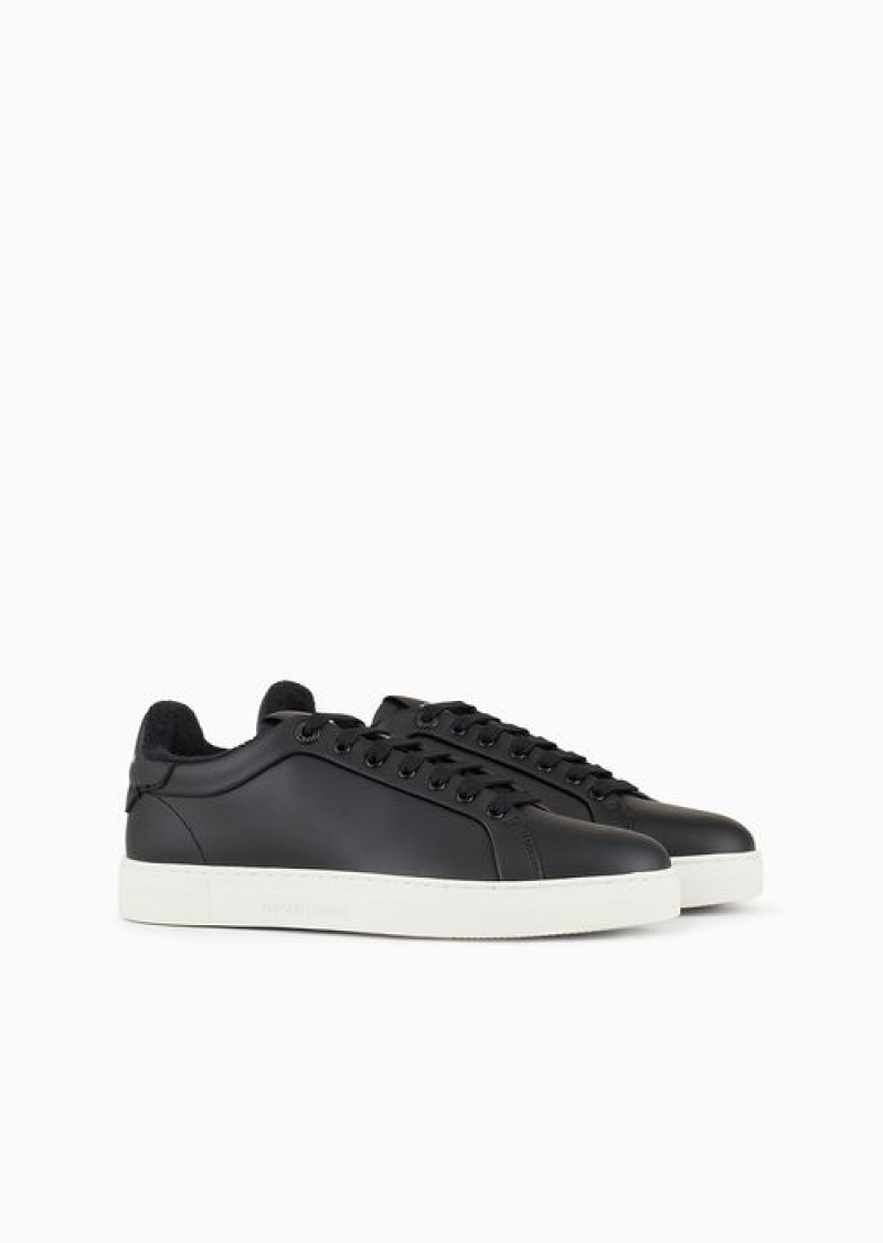 Black Emporio Armani Supple Leather Sneakers | EA-SN58981