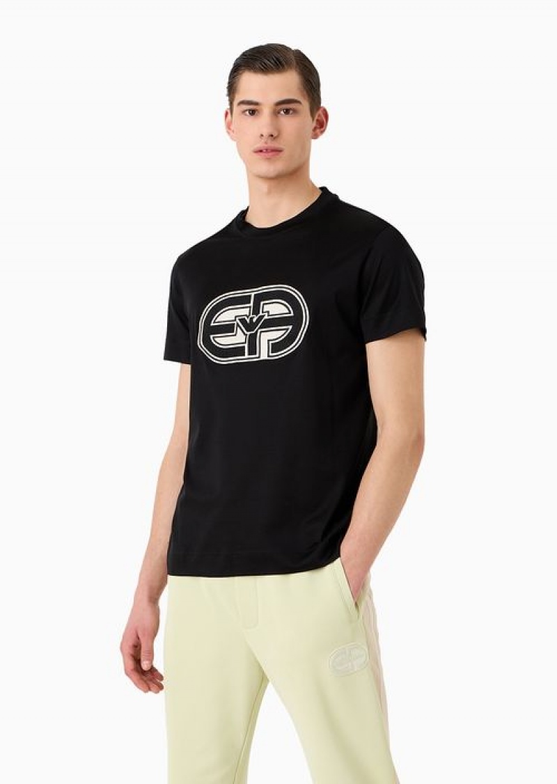 Black Emporio Armani Tencel-blend Jersey T-shirt With Oversized Ea Patch | EA-SN58696