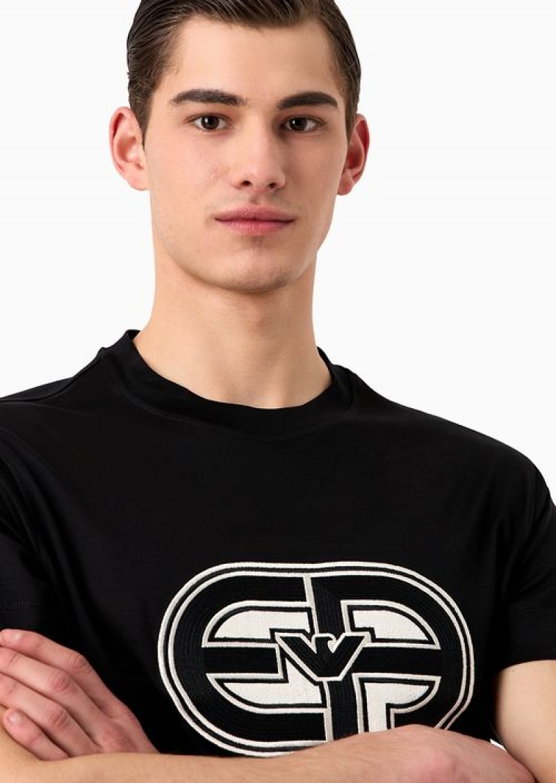 Black Emporio Armani Tencel-blend Jersey T-shirt With Oversized Ea Patch | EA-SN58696