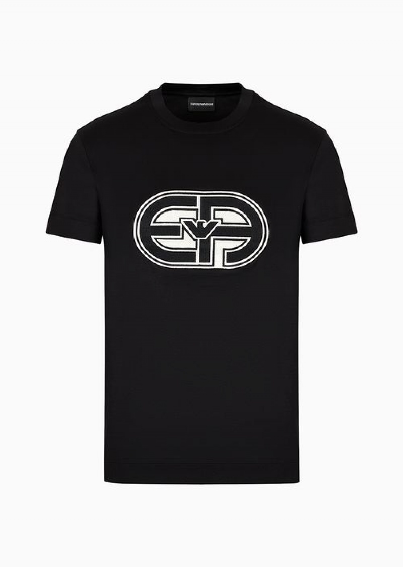 Black Emporio Armani Tencel-blend Jersey T-shirt With Oversized Ea Patch | EA-SN58696