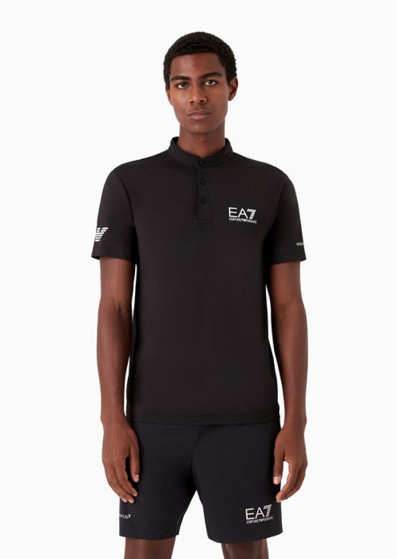 Black Emporio Armani Tennis Pro Henley-collar Polo Shirt In Ventus7 Technical Fabric | EA7-SN59968