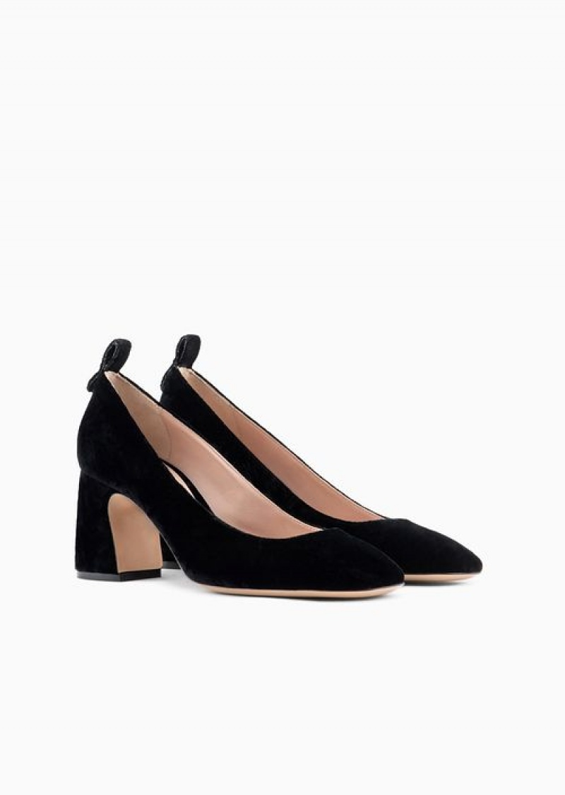 Black Emporio Armani Textured Velvet Court Shoes | EA-SN57151